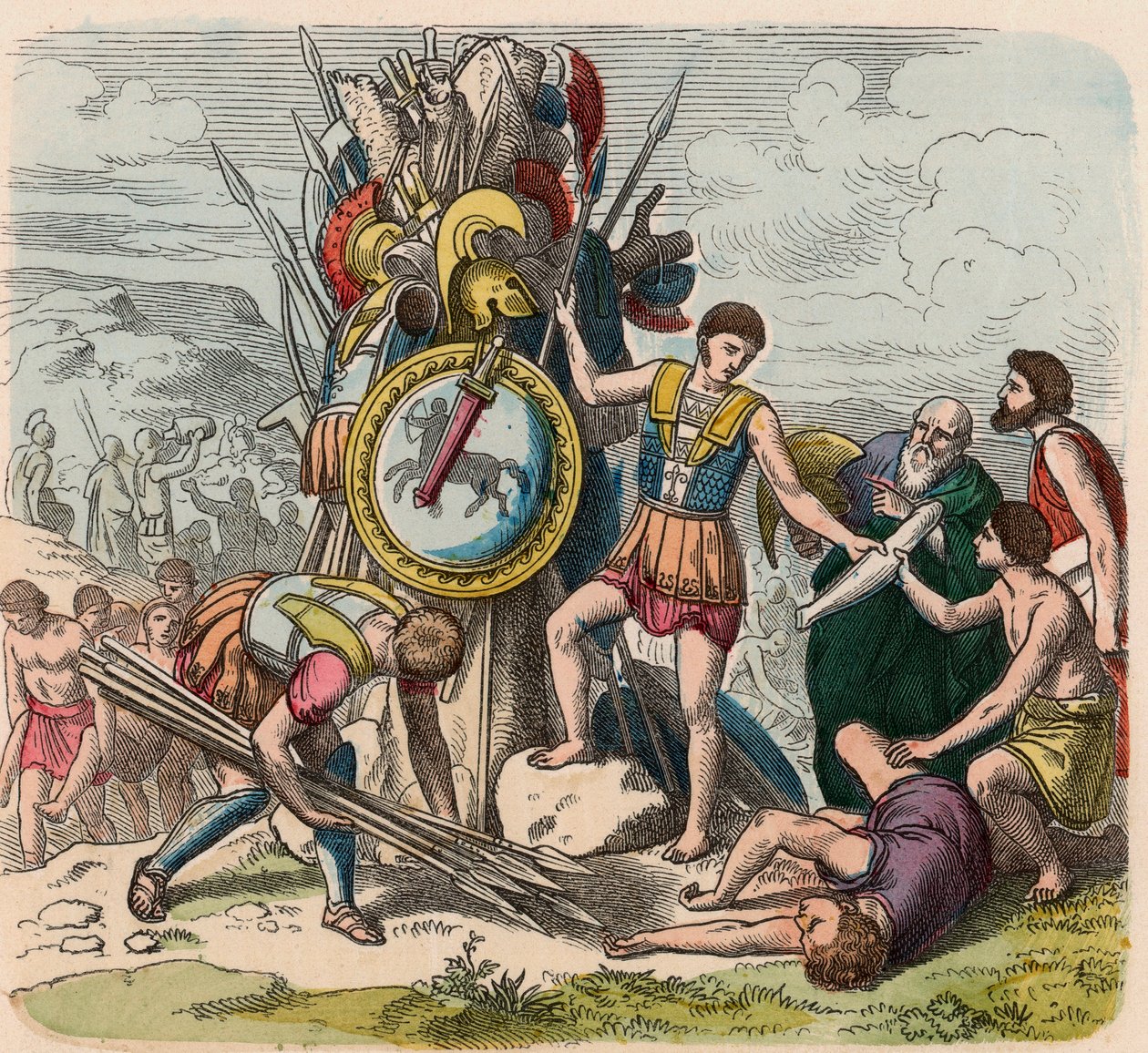 A Grécia na época das Repúblicas: Os vitoriosos erguem sinais da sua vitória no campo de batalha. de Heinrich Leutemann