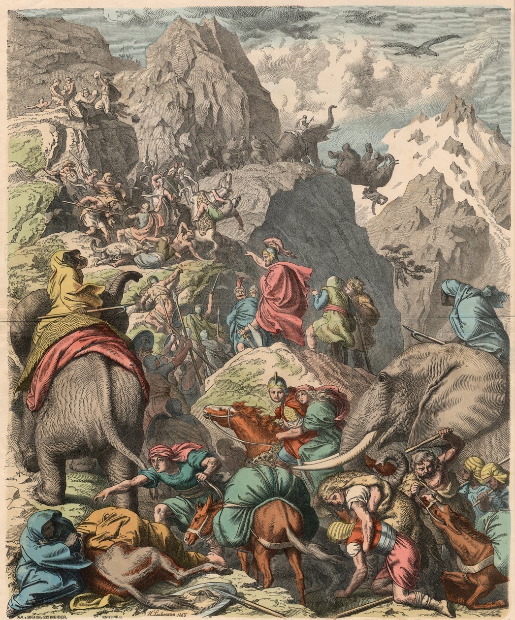 Segunda Guerra Púnica: Hannibal cruzando os Alpes, 1866 de Heinrich Leutemann