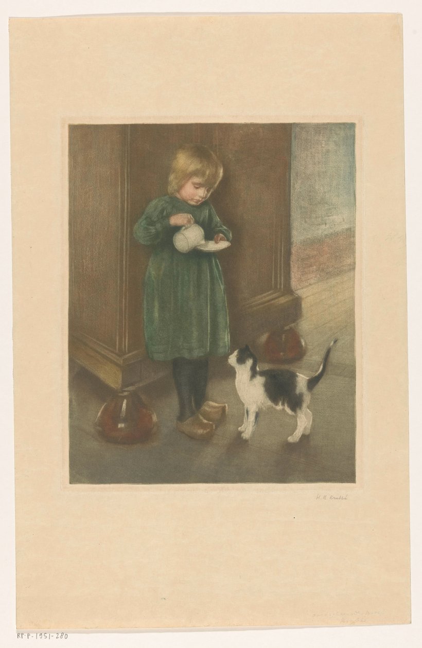 Menina alimentando um gato de Heinrich M. Krabbé (signed by artist)