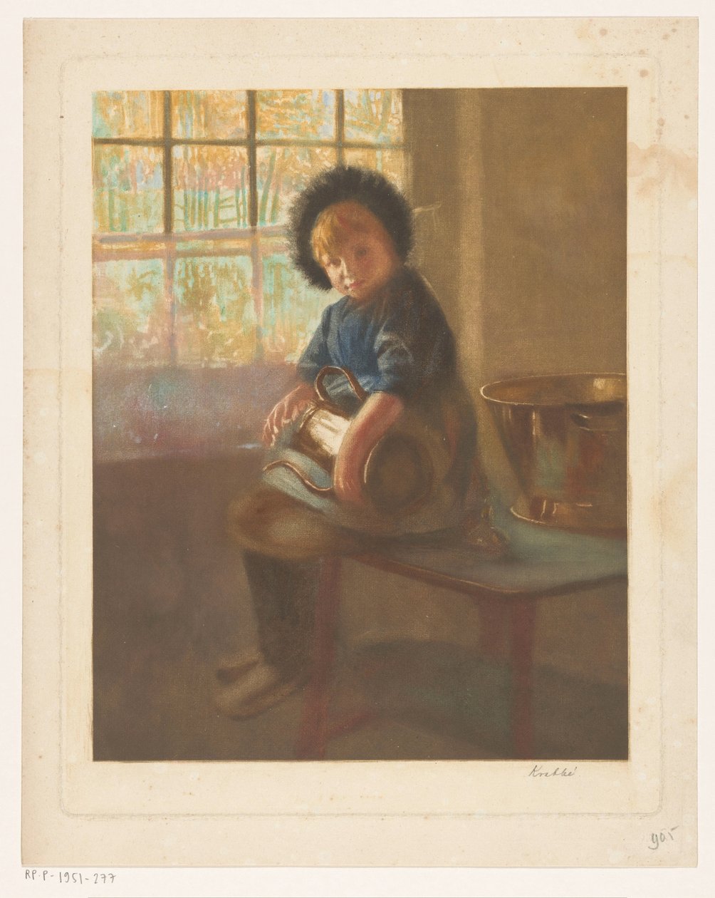 Rapariga a polir um jarro de cobre de Heinrich M. Krabbé (signed by artist)