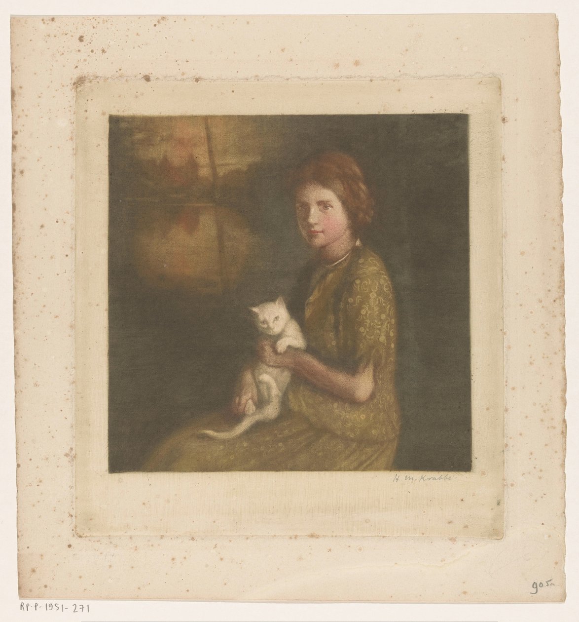 Rapariga com um gato no colo de Heinrich M. Krabbé (signed by artist)