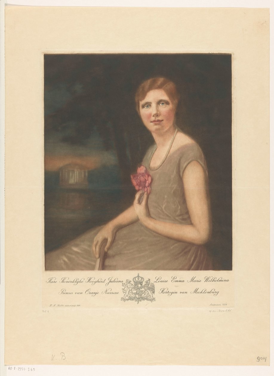 Retrato da Princesa Juliana
Sua Alteza Real Juliana Louise Emma Marie Wilhelmina, Princesa de Orange Nassau, Duquesa de Mecklenburg (título sobre o objecto) de Heinrich M. Krabbé (signed by artist)