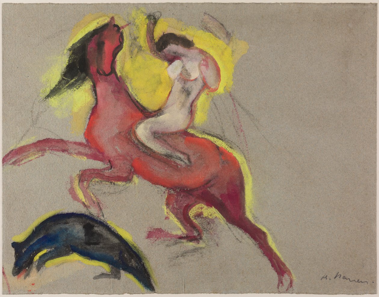 Amazona com cavalo. Estudo da "Batalha das Amazonas" no Castelo de Drove, c.1911-12 (pastel, guache e giz sobre papel) de Heinrich Nauen