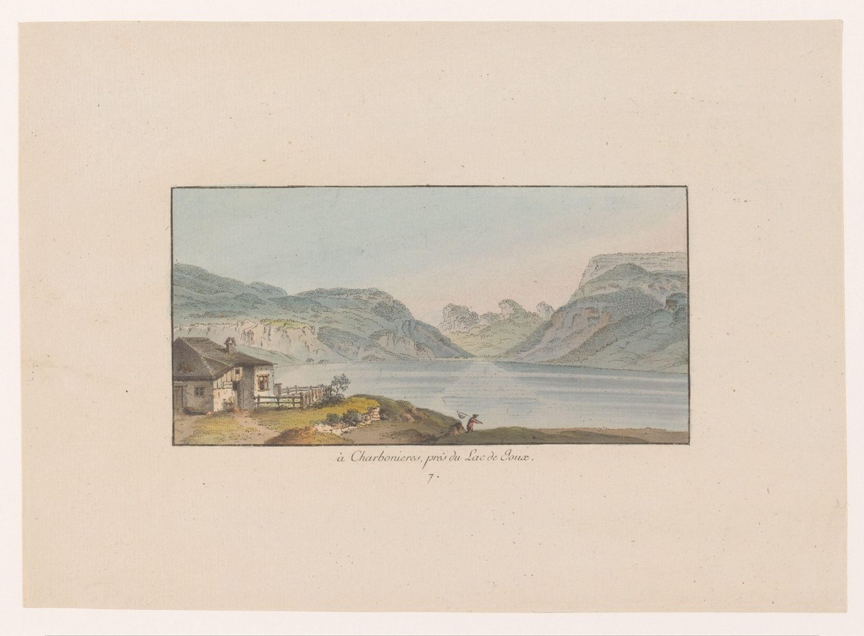 Gezicht em Les Charbonnières em Lac de Joux em Charbonieres, perto de Lac de Joux (título no objeto) Gezichten op Zwitserland (título da série) Coleção de algumas vistas desenhadas na Suíça a partir da natureza (título da série) de Heinrich Rieter