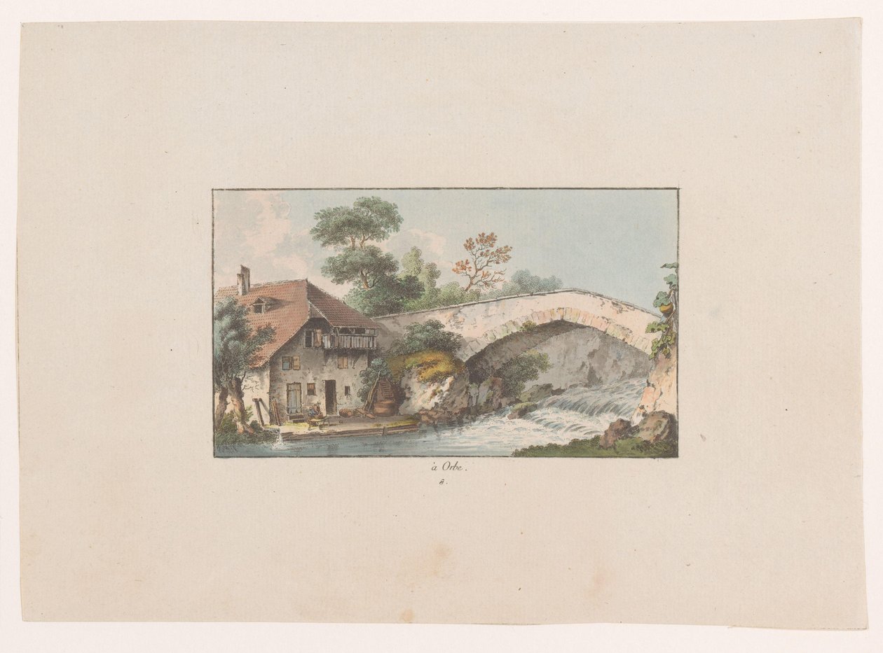 Vista de uma casa perto de uma ponte em Orbe
à Orbe (título sobre o objecto)
Vistas da Suíça (título da série)
Colecção de quelques vues dessinées en Suisse d