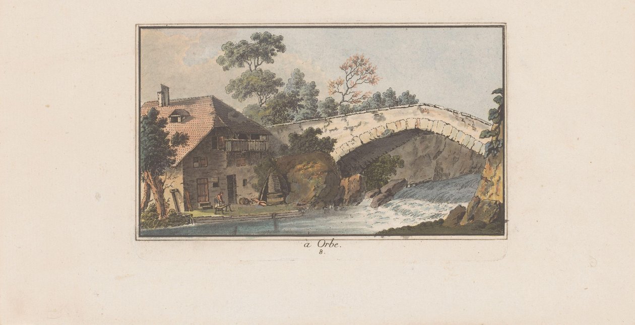 Casa ao lado de uma ponte sobre um rio em Orbe à Orbe (título no objeto) Paisagens na Suíça (título da série) Sammlung einiger Aussichten in der Schweiz (título da série) de Heinrich Rieter