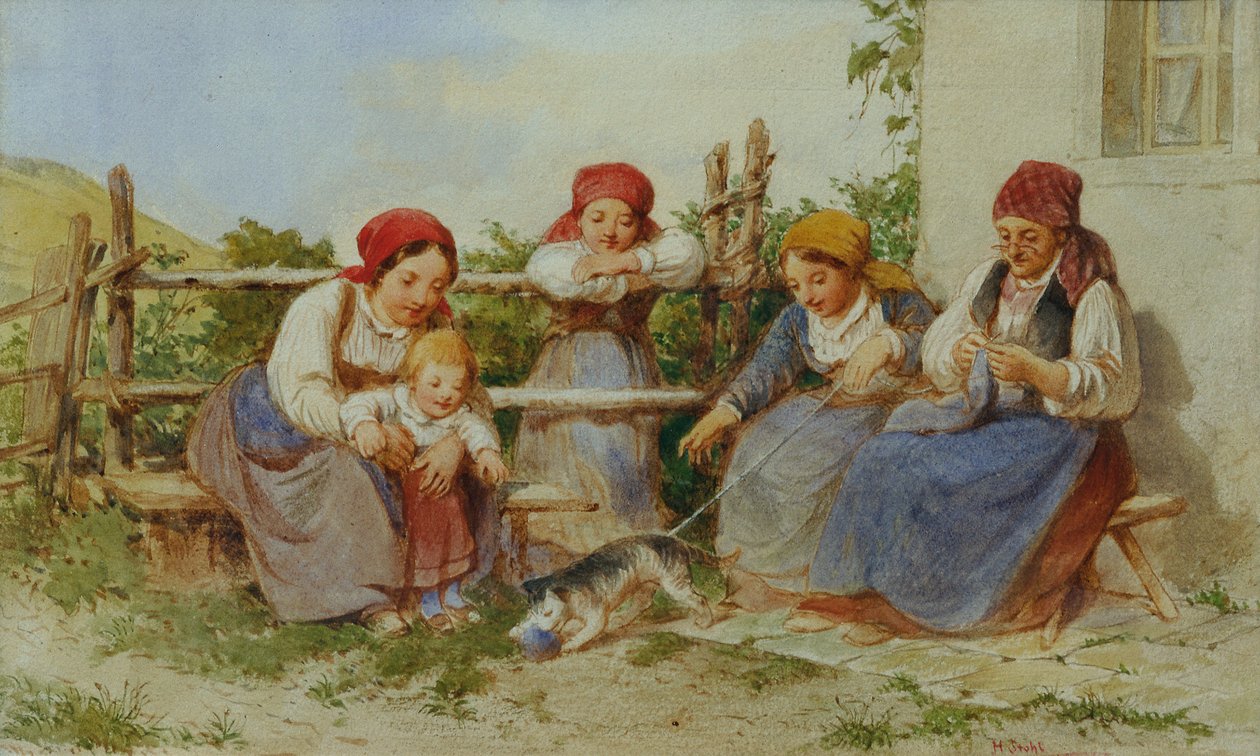 Mulheres e crianças com gato a brincar de Heinrich Stohl