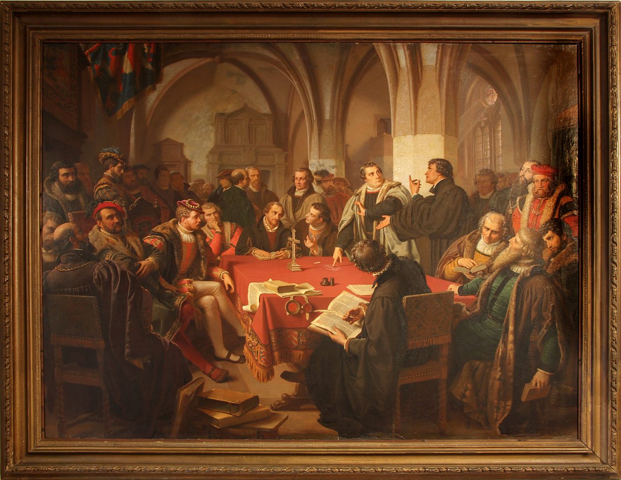 Diálogo religioso de August Noack no castelo de Marburgo, 1869, com moldura de Heinrich Stürzl