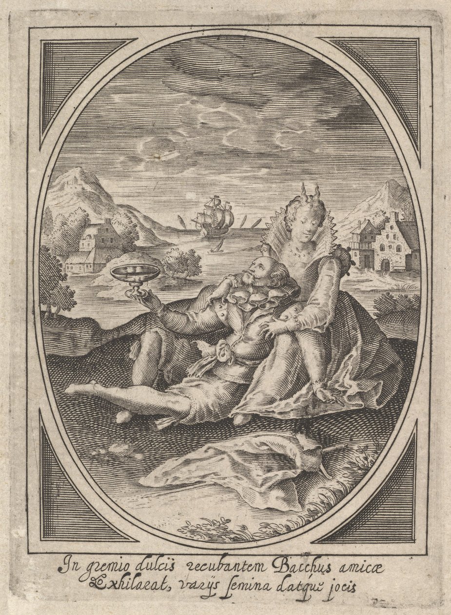 Um casal sentado no chão, o homem segurando um cálice e reclinado contra o ..., ca. 1585-1621. de Heinrich Ulrich