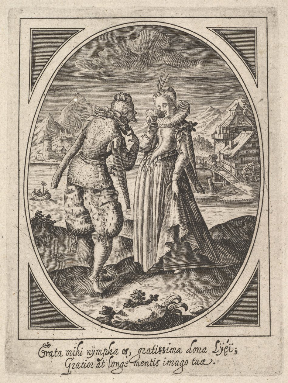 Um homem caminha em direção a uma mulher que segura um cálice na boca, um moinho de água e um monte ..., ca. 1585-1621. de Heinrich Ulrich