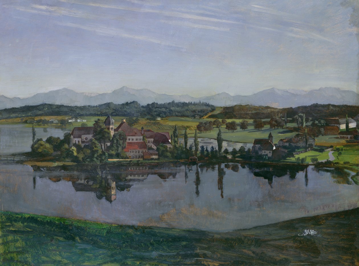 O Mosteiro Seeon em Oberbayern, 1892 (óleo sobre papel montado no cartão) de Heinrich Wilhelm Truebner