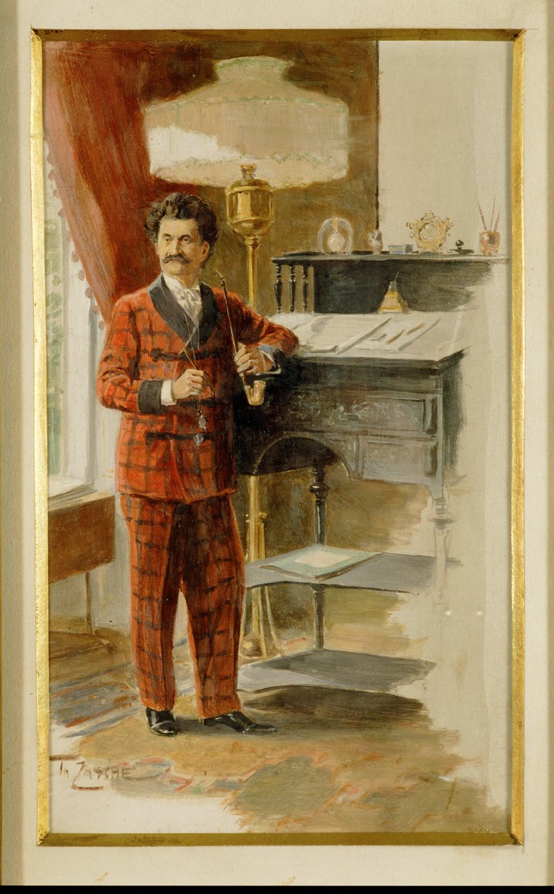 Johann Strauss filho na sua secretária alta, no seu escritório ... (aguarela) de Heinrich Zasche