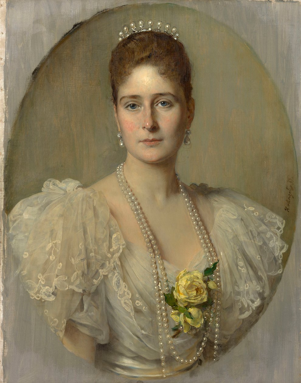 Retrato da imperatriz Alexandra Fyodorovna da Rússia 1872-1918, esposa do czar Nicolau II, 1897. de Heinrich von Angeli