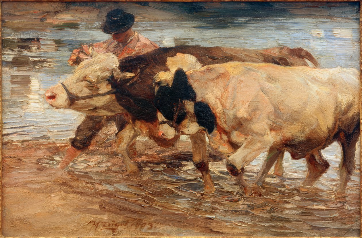 Criado com vaca e boi de Heinrich von Zügel