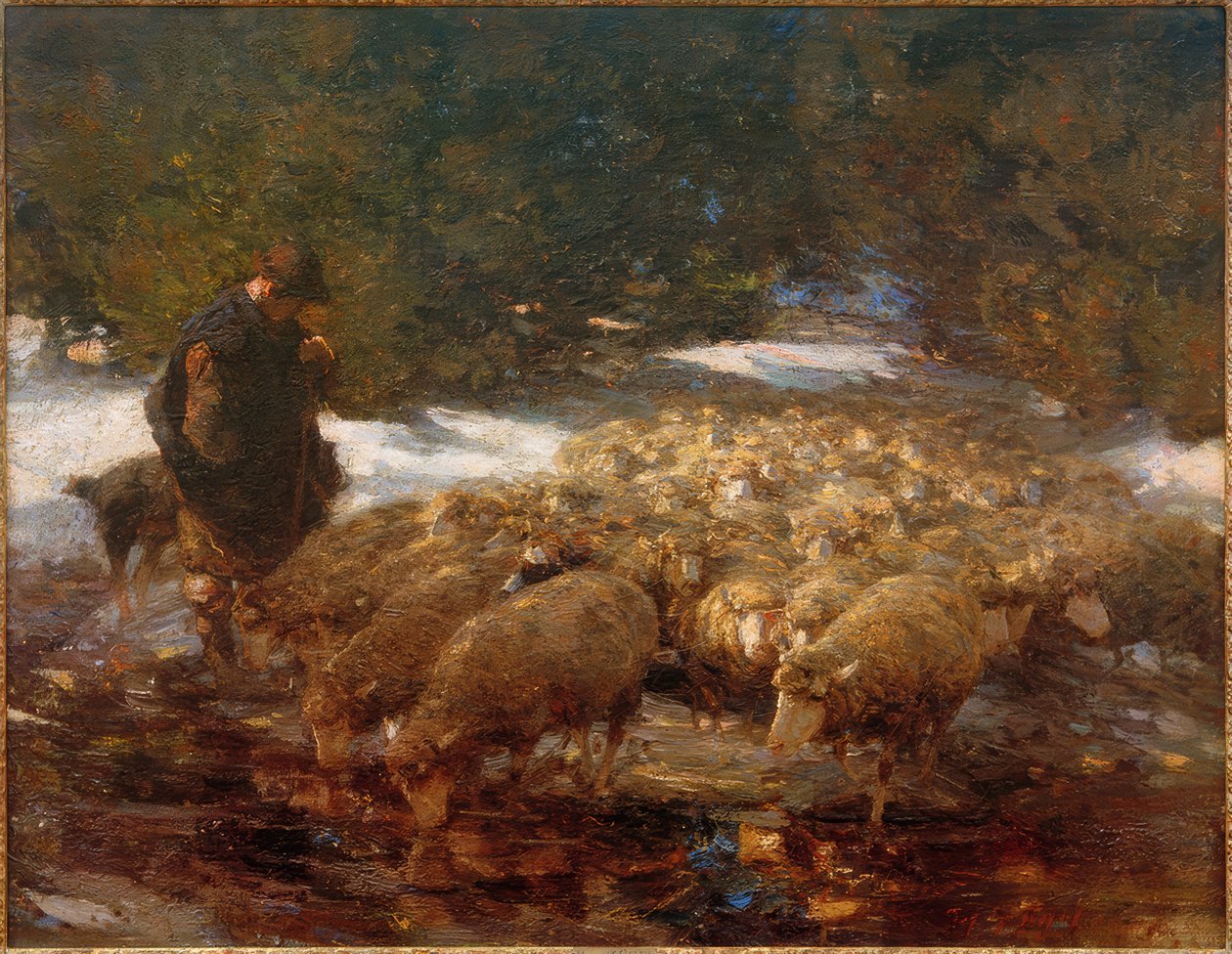 Pastor com ovelhas na paisagem de Heinrich von Zügel