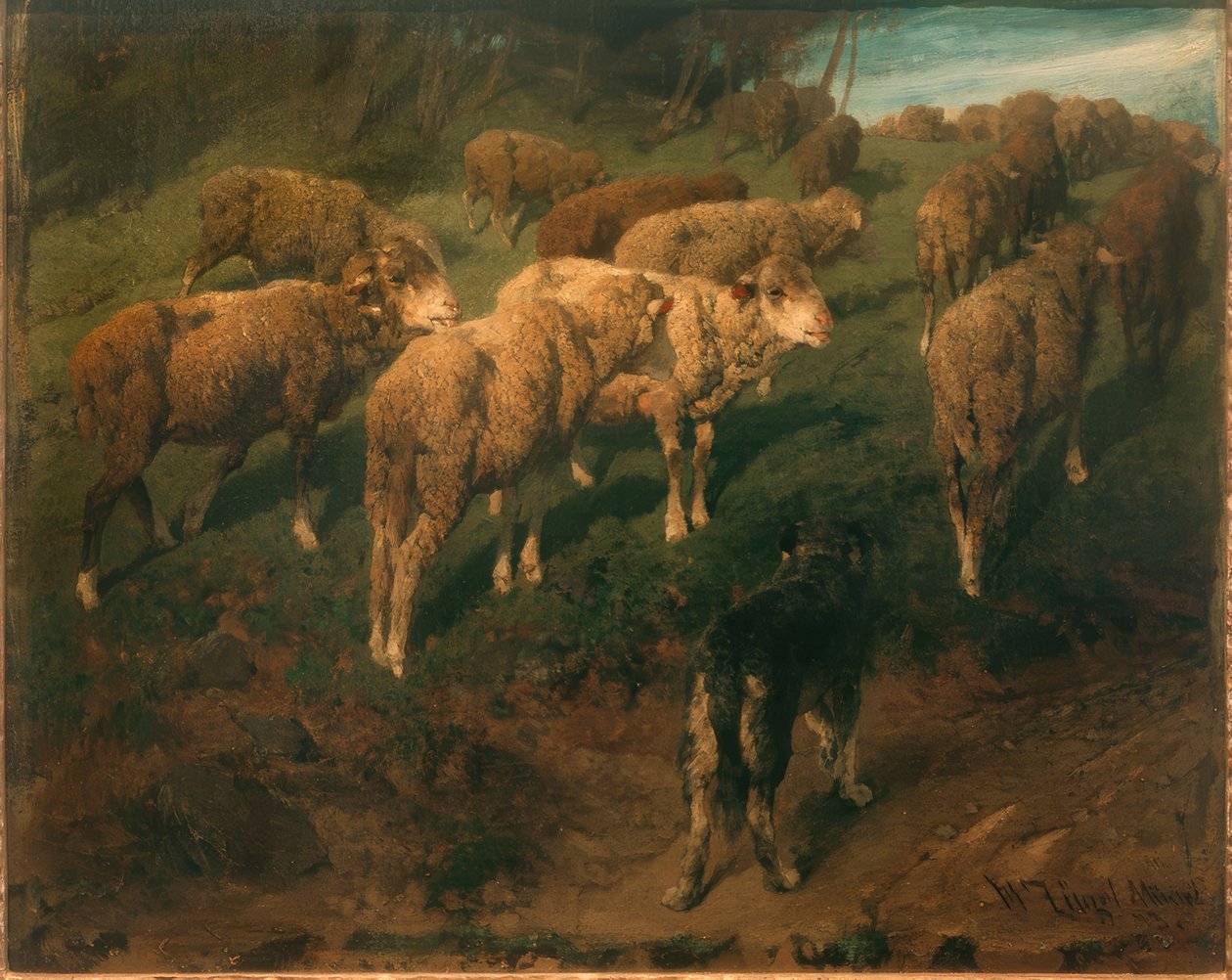 Ovelha com cão preto de Heinrich von Zügel