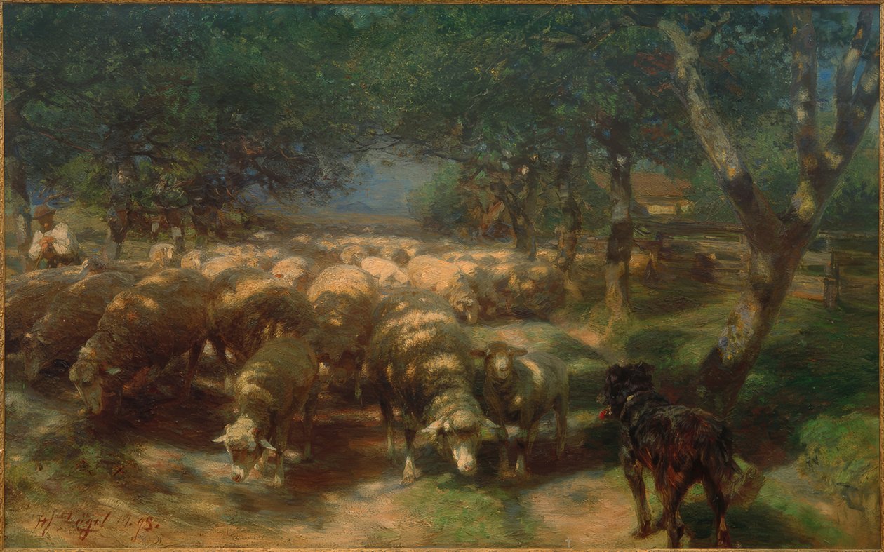 Rebanho de ovelhas com cão de Heinrich von Zügel