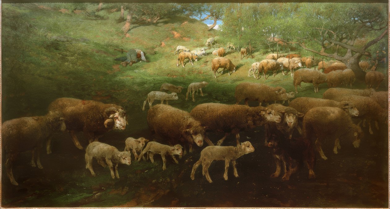 Rebanho de ovelhas com cordeiros de Heinrich von Zügel
