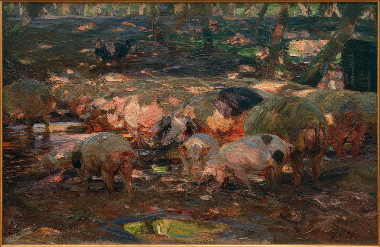 Manada de porcos na ponte de Altrhein de Heinrich von Zügel