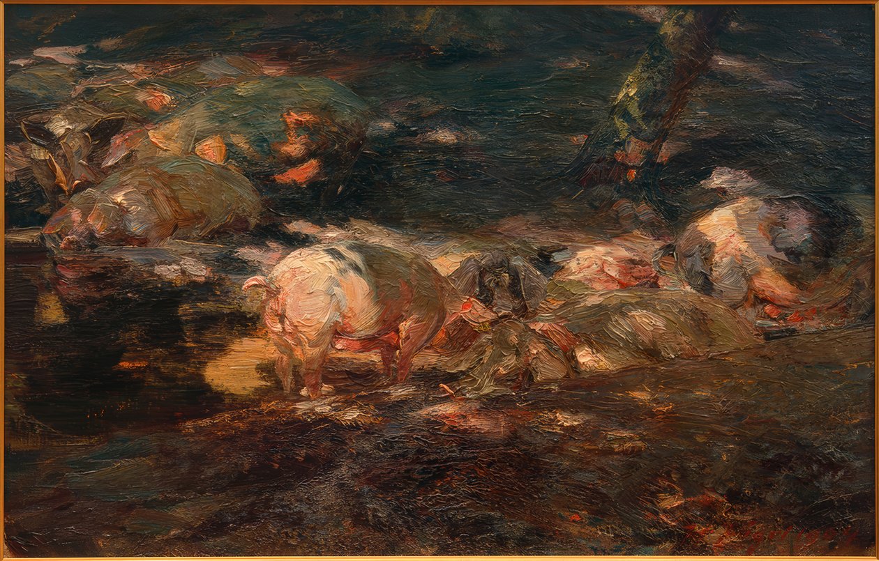 Manada de porcos na floresta junto à água de Heinrich von Zügel