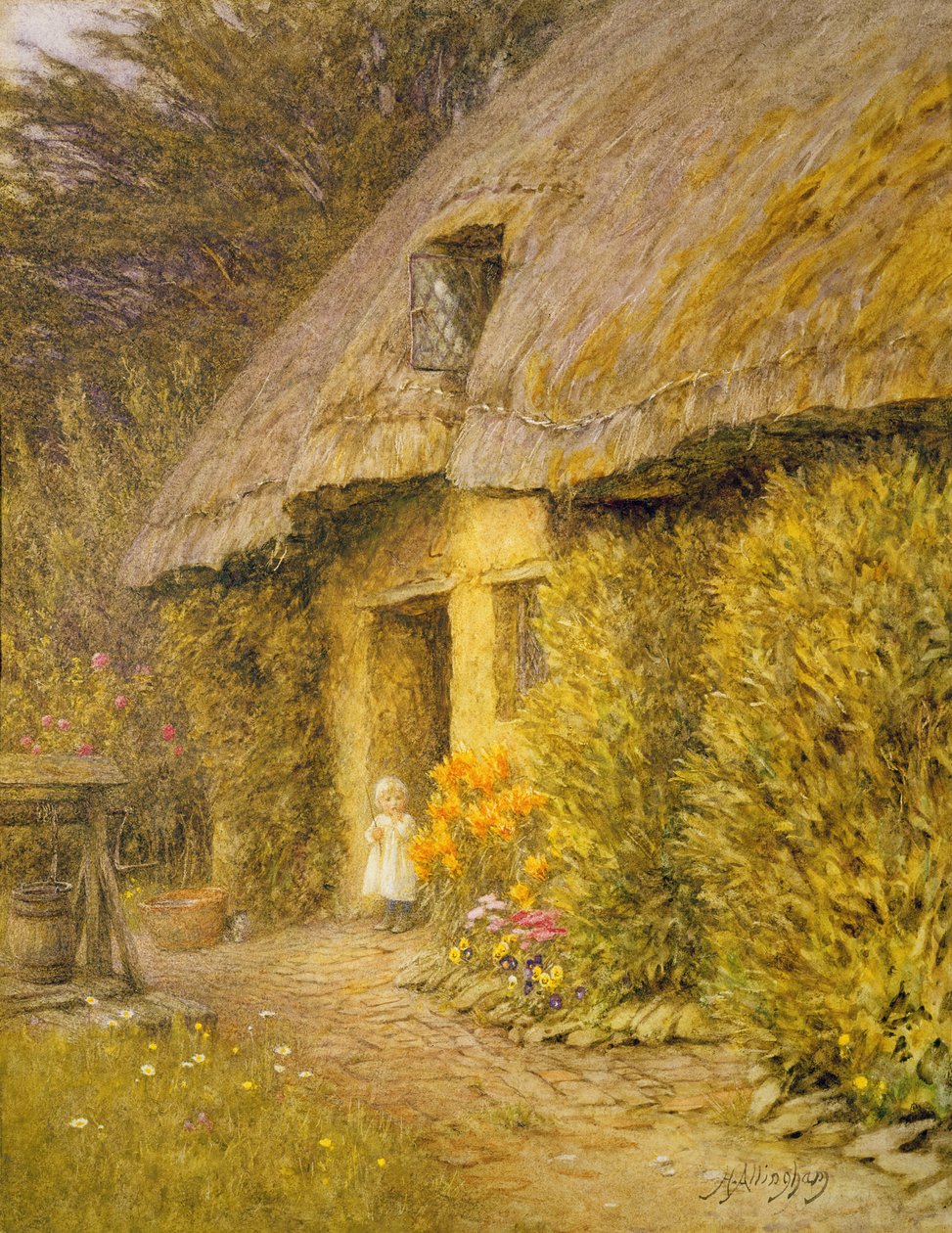Uma criança na entrada de uma casa de colmo de Helen Allingham