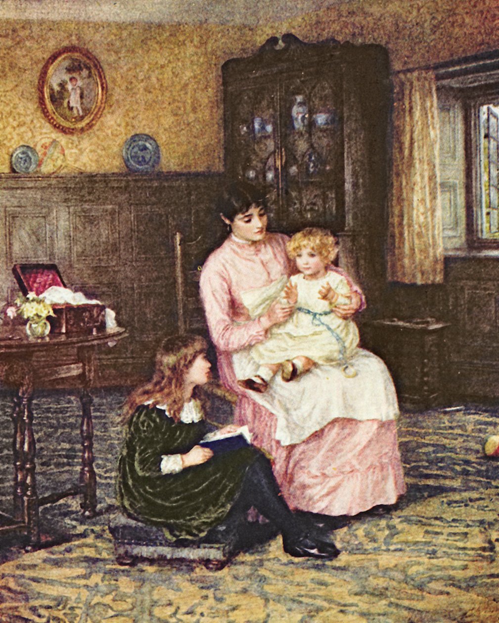 Mãe, tocando, com, crianças, em, um, interior de Helen Allingham