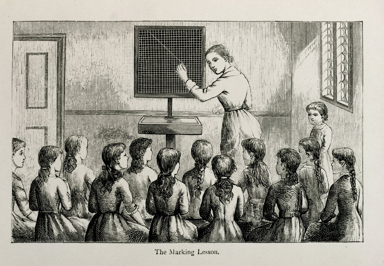 "A lição de marcação", ilustração de "um manual de lições coletivas na costura e no Knitting lisos", gravada por WP e por R. Cheshire, bar. 1885 de Helen K. Brietzcke