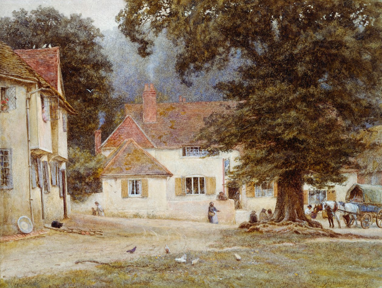 Um carrinho por uma pousada da vila, 1878 de Helen Allingham