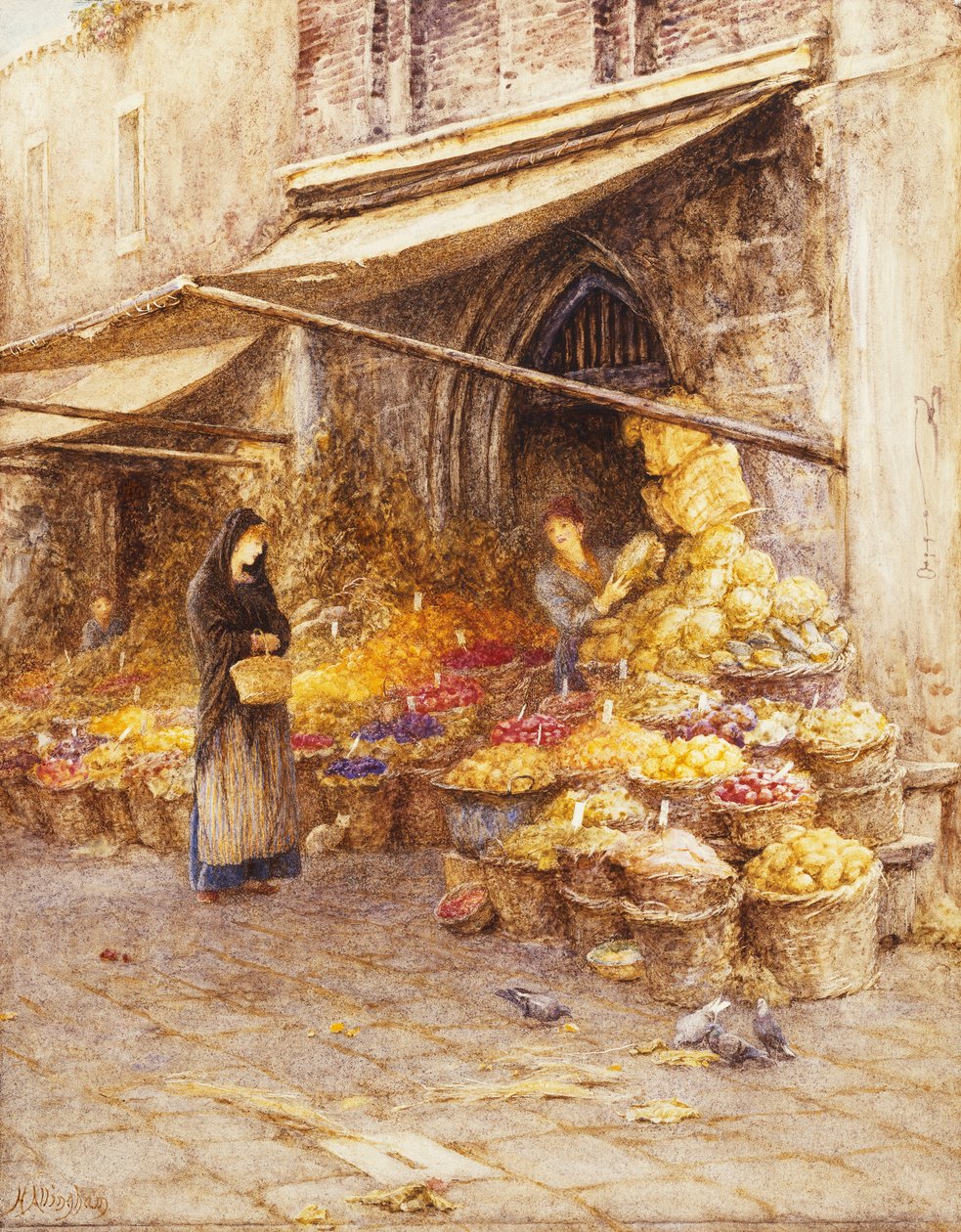 Uma banca de frutas na base do Campanile, San Giovanni Elemosinario, Perto do rialto, Veneza, de Helen Allingham