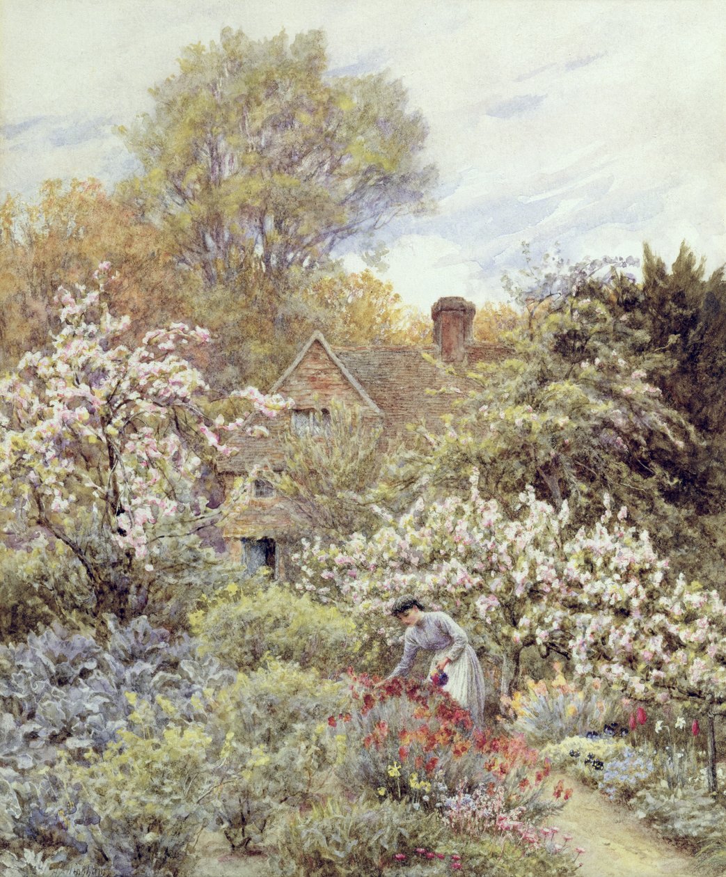 Um jardim na primavera (aquarela sobre papel) de Helen Allingham