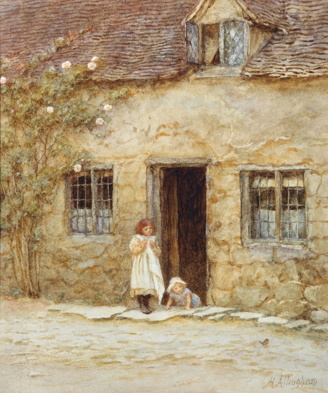 Na porta da casa de campo de Helen Allingham