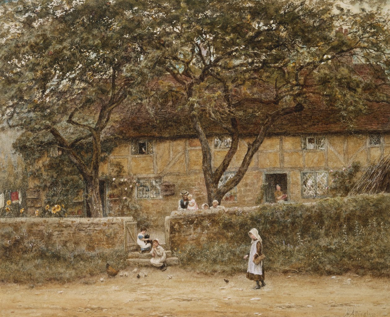 Crianças fora de uma casa de campo (aquarela com riscos no papel) de Helen Allingham
