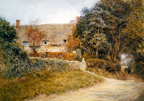 Alimentar as Pombas (aguarela sobre papel) de Helen Allingham