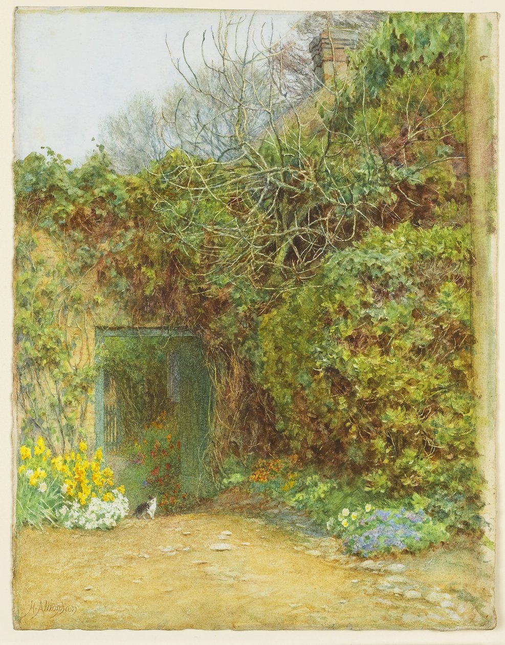 A porta da leiteria, Farringford, senhor Tennysons Home, c.1890 (wc, goma arábica e raspando em papel wove) de Helen Allingham