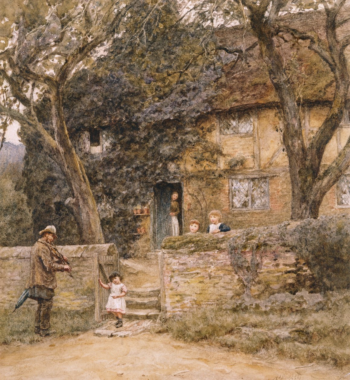 O Violinista (aquarela com riscos) de Helen Allingham