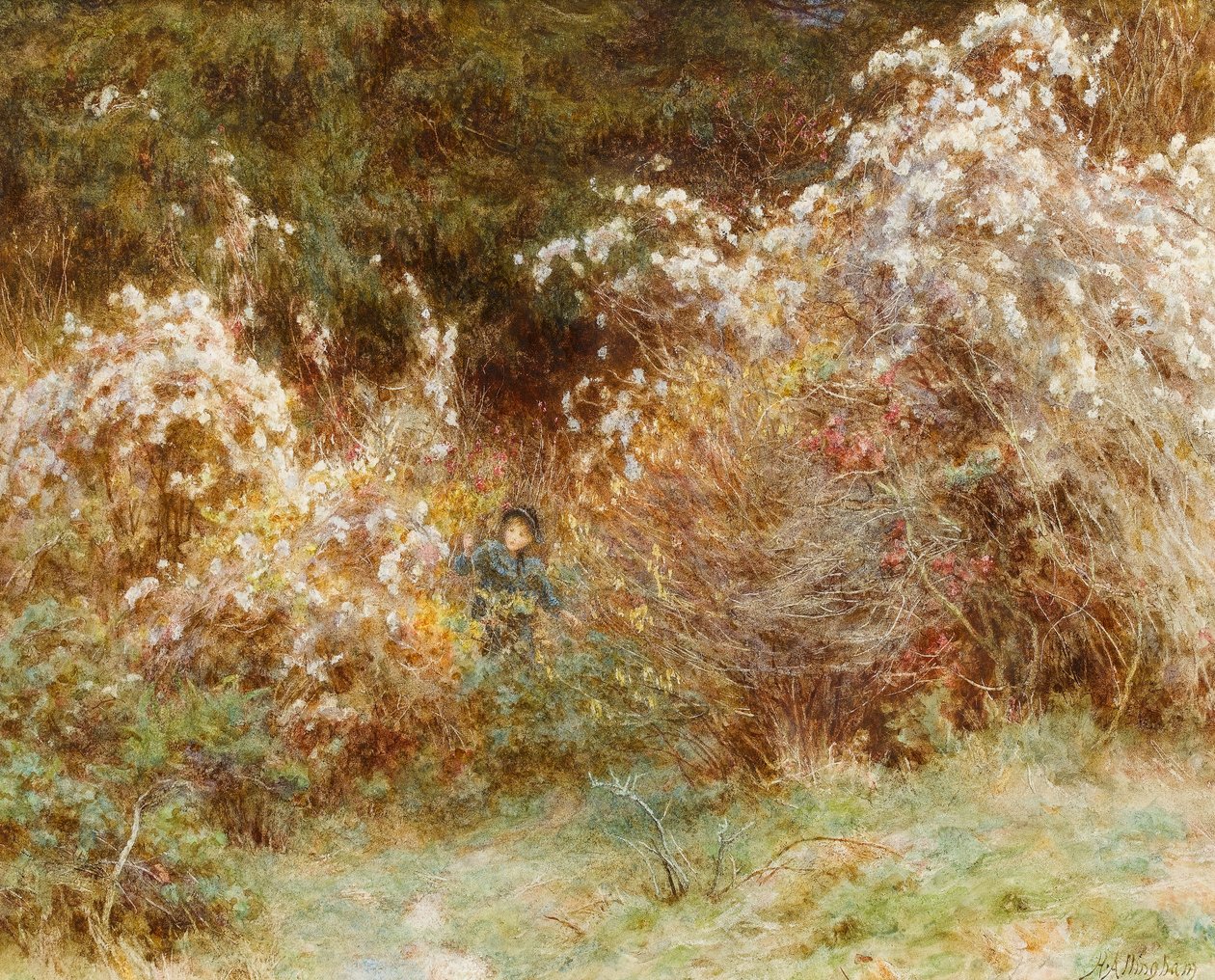 Alegria de viajantes: Um Surrey Hedgerow (wc no papel) de Helen Allingham