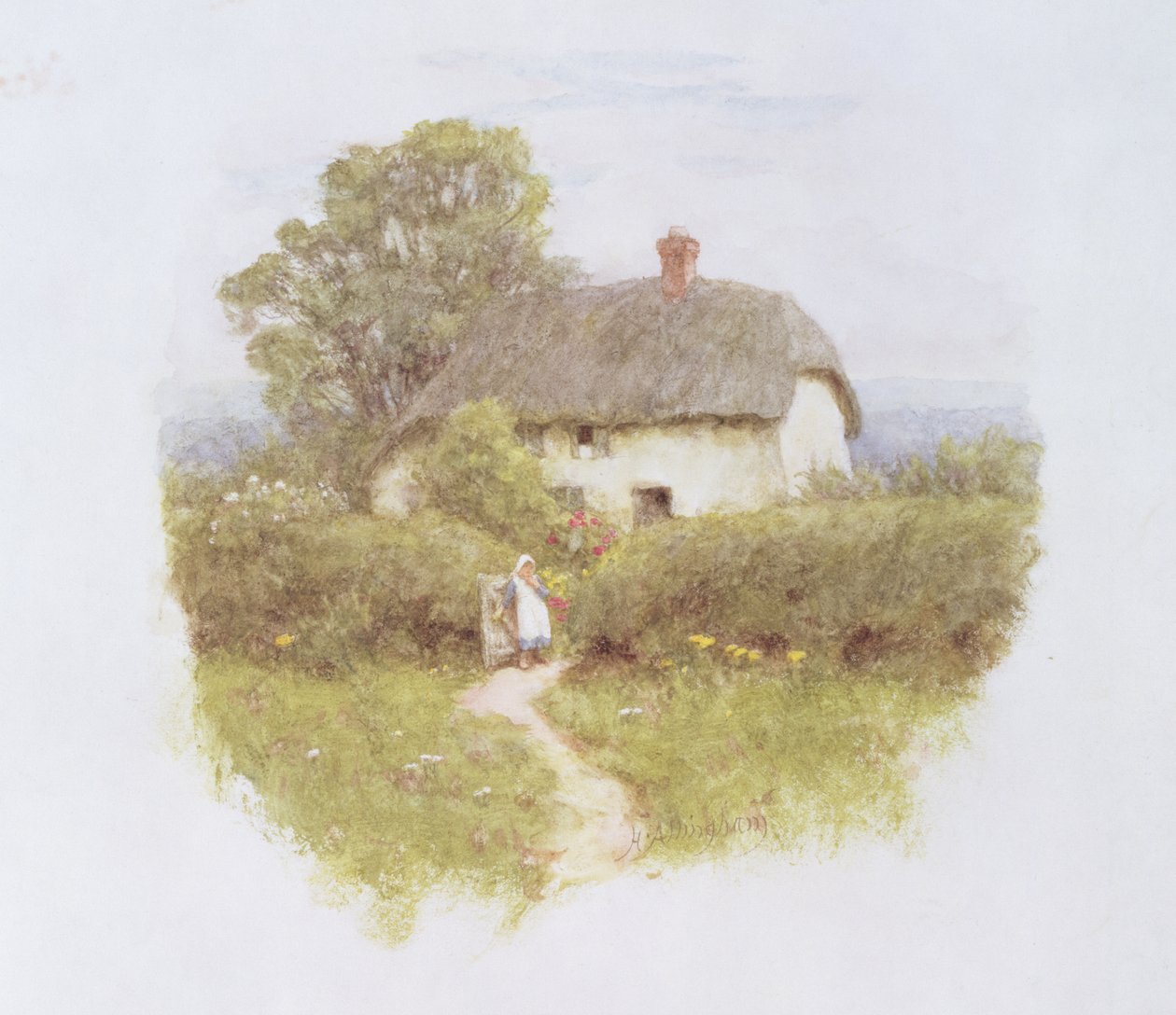 Menina jovem, por, a, cabana, portão, (wc, papel) de Helen Allingham