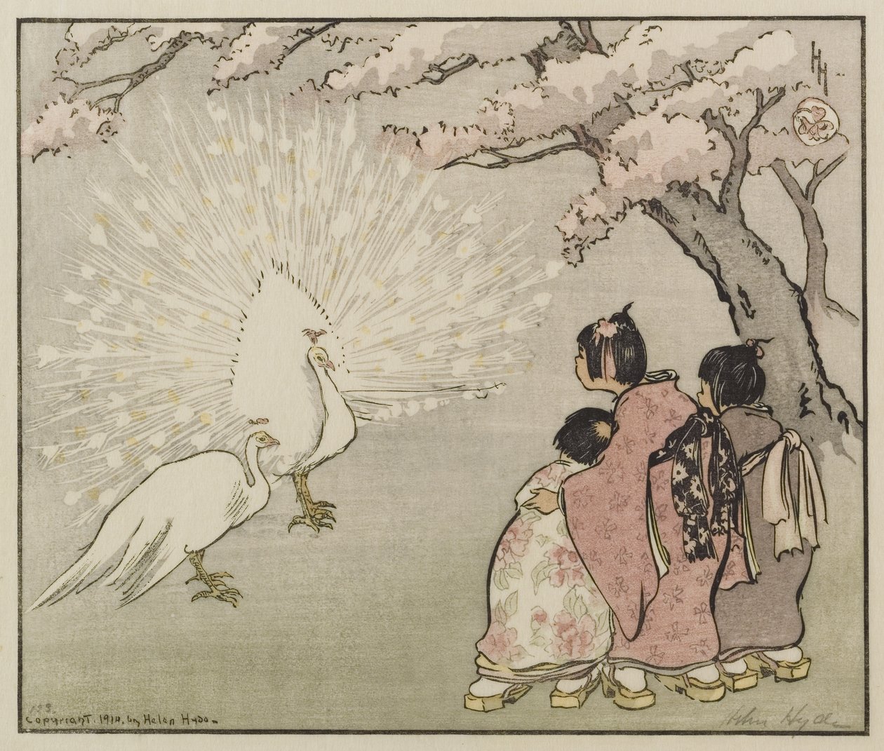 Pavão Branco, 1914 (cor xilogravura) de Helen Hyde