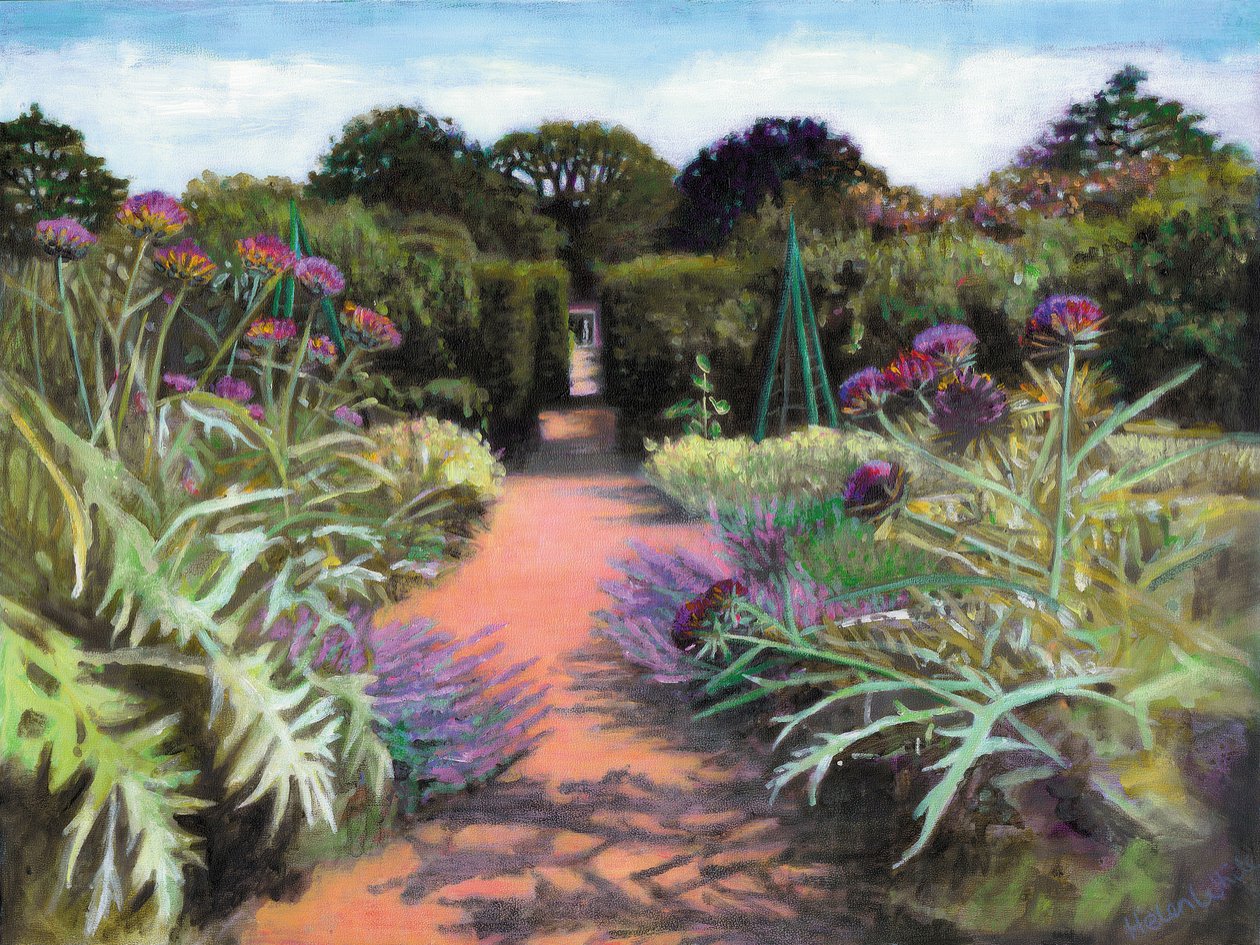 Alcachofras e Lavanda, 2020 (acrílico a bordo) de Helen White