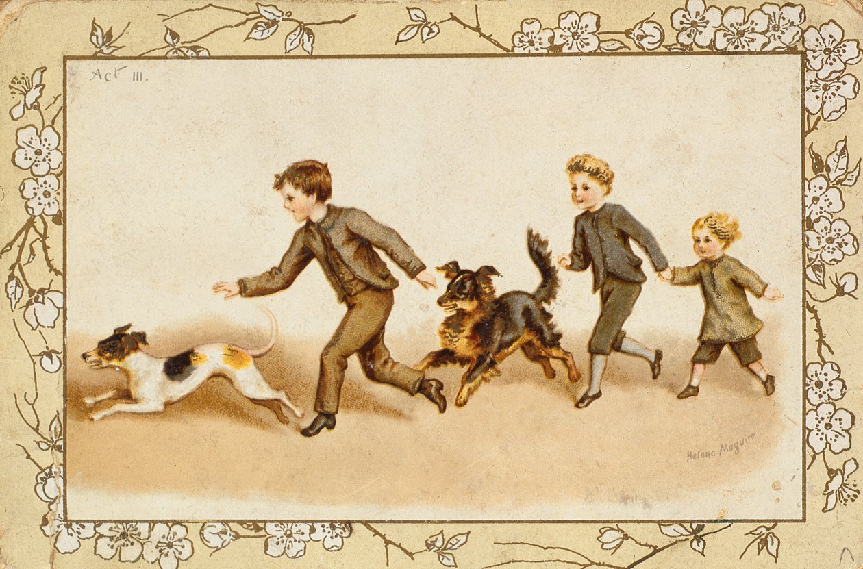 Saudações cartão retratando crianças brincando com seus cães de Helena J. Maguire