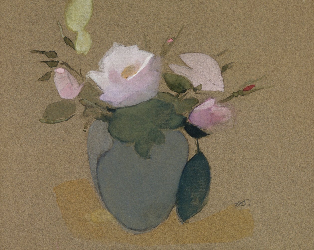 Rosas numa jarra azul-esverdeada de Helene Schjerfbeck