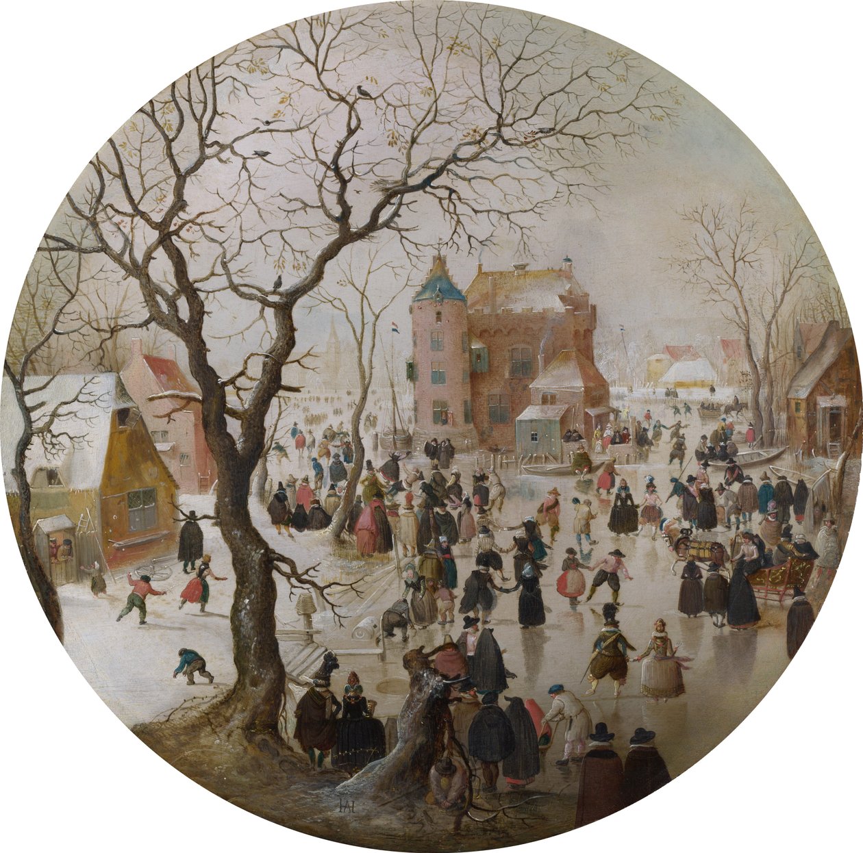 Uma cena de inverno com patinadores perto de um castelo de Hendrick Avercamp