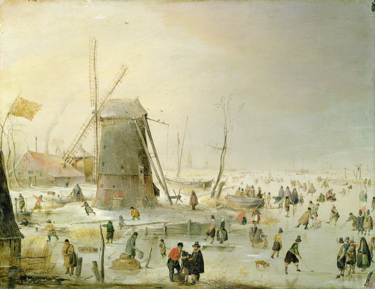 Uma cena de inverno com skatistas por um moinho de vento de Hendrick Avercamp