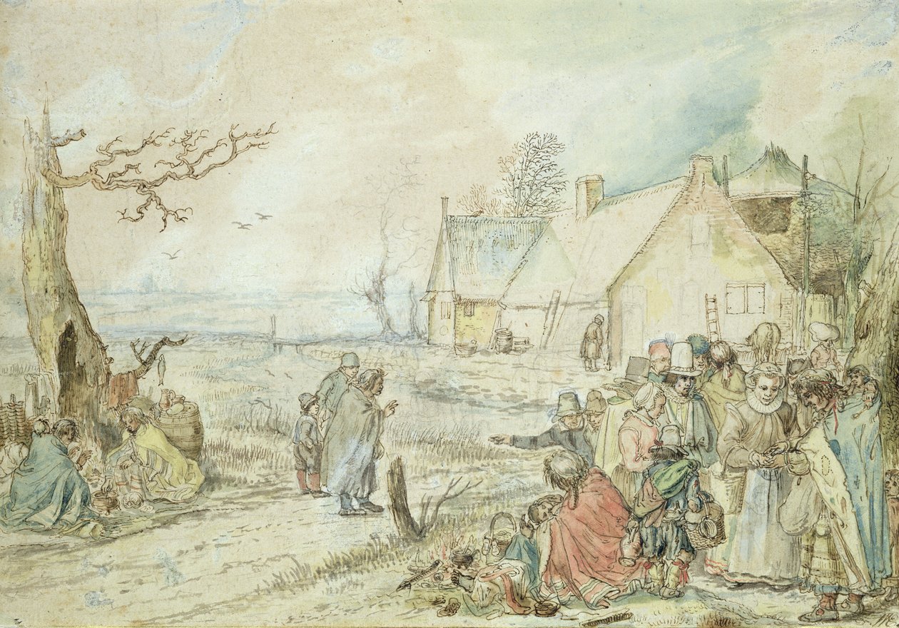 Paisagem com Cartomantes Ciganas (caneta e wc no papel) de Hendrick Avercamp