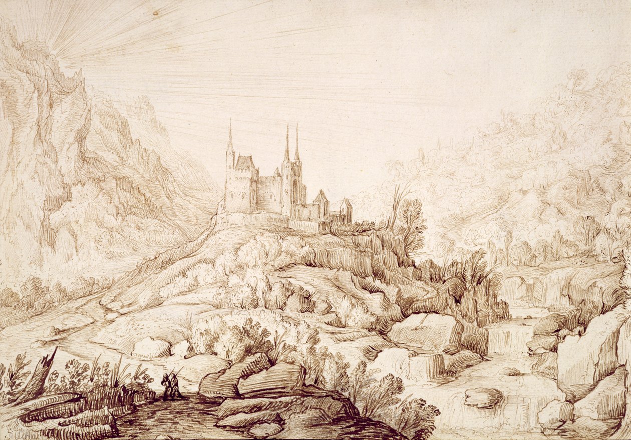 Paisagem montanhosa com um castelo, c.1589 de Hendrick Cornelisz. Vroom