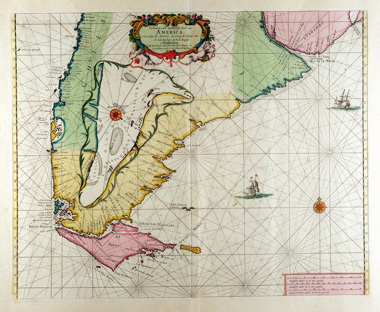 América, prato 17 de "A Nova e Grande Tocha Iluminante do Mar", compilado por Claes Jansz. Vooght (fl.1680-96), publicado em Amsterdã 1683 (gravura colorida à mão) de Hendrick Doncker