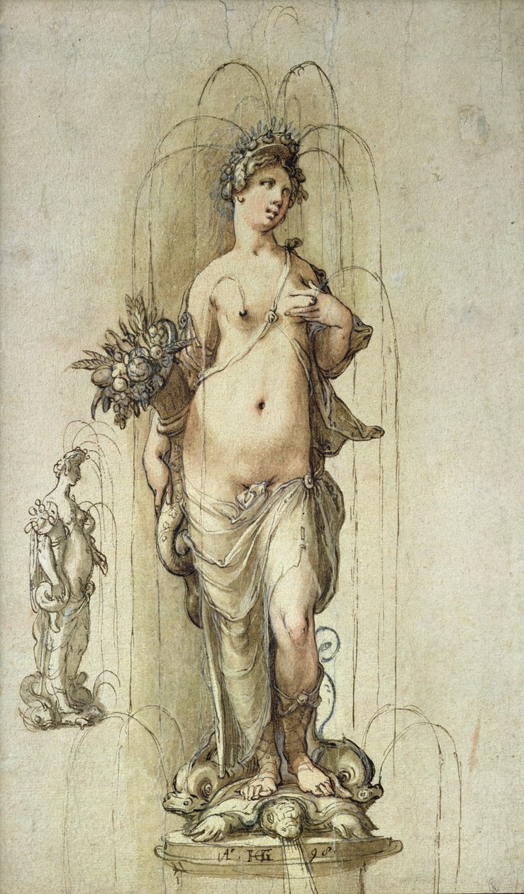Projeto para uma fonte com uma figura de abundância, 1598 (caneta e tinta marrom no papel) de Hendrik Goltzius