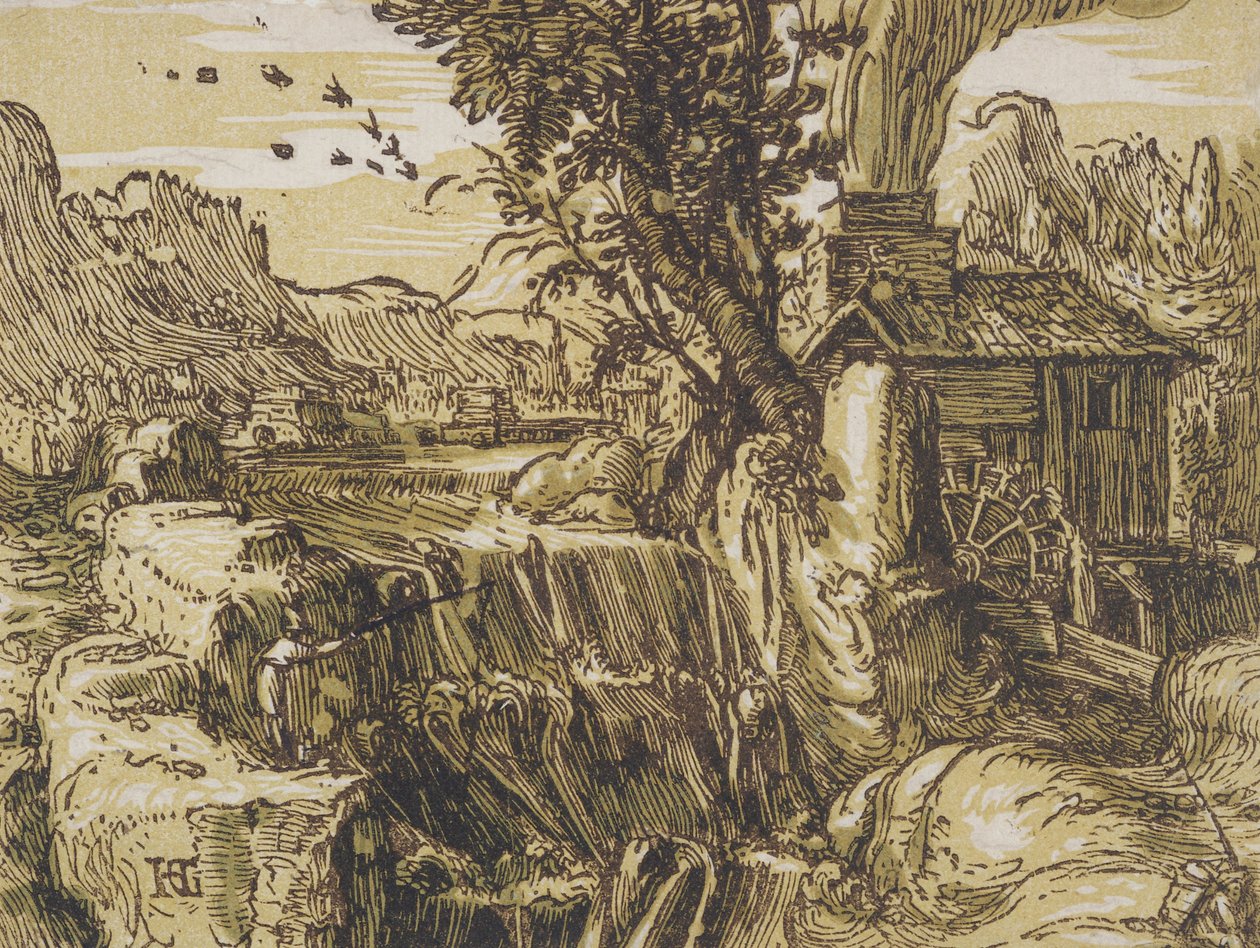 Paisagem com uma cachoeira de Hendrik Goltzius