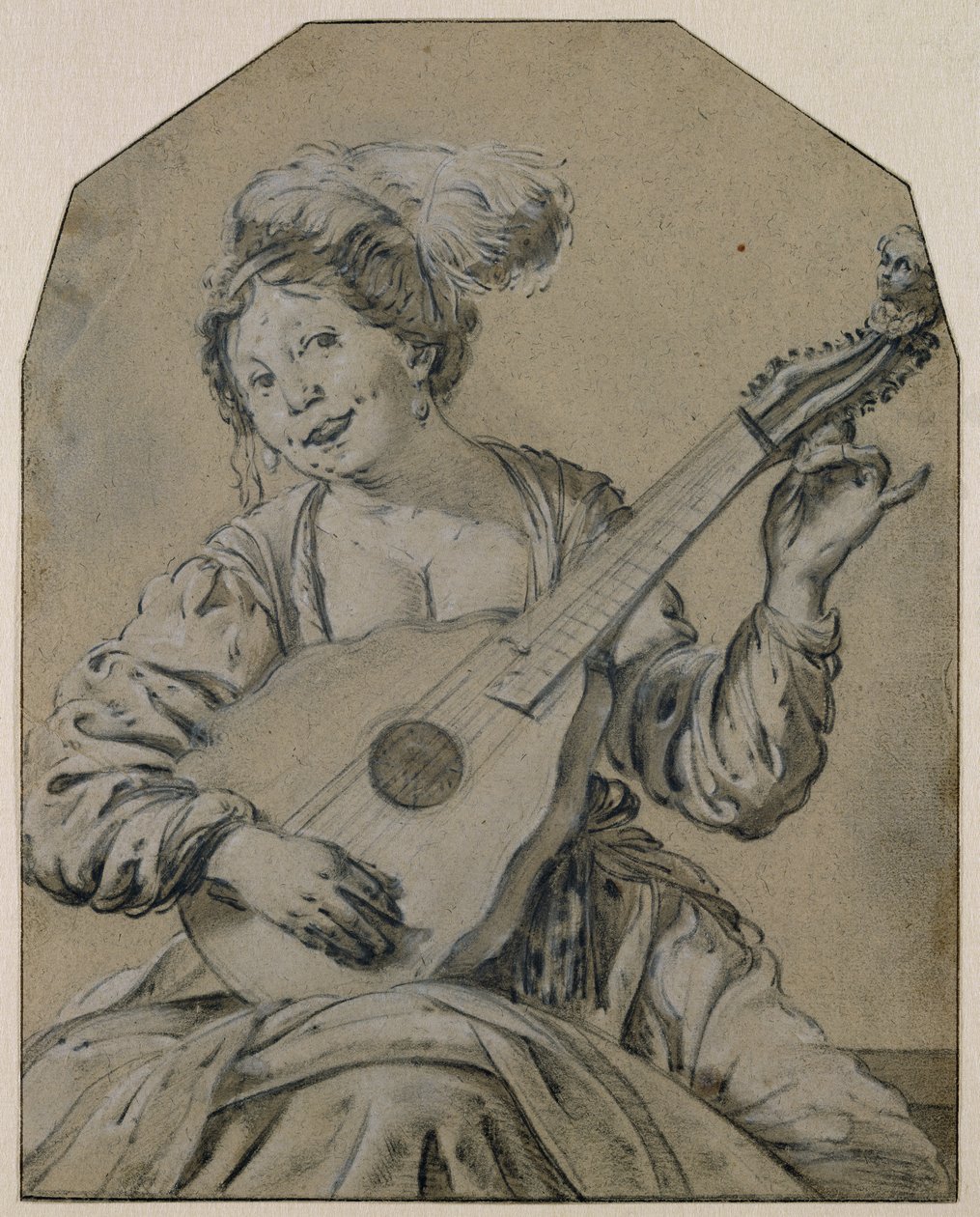 The Lute-Player (giz preto e branco sobre papel) de Hendrick ter Brugghen