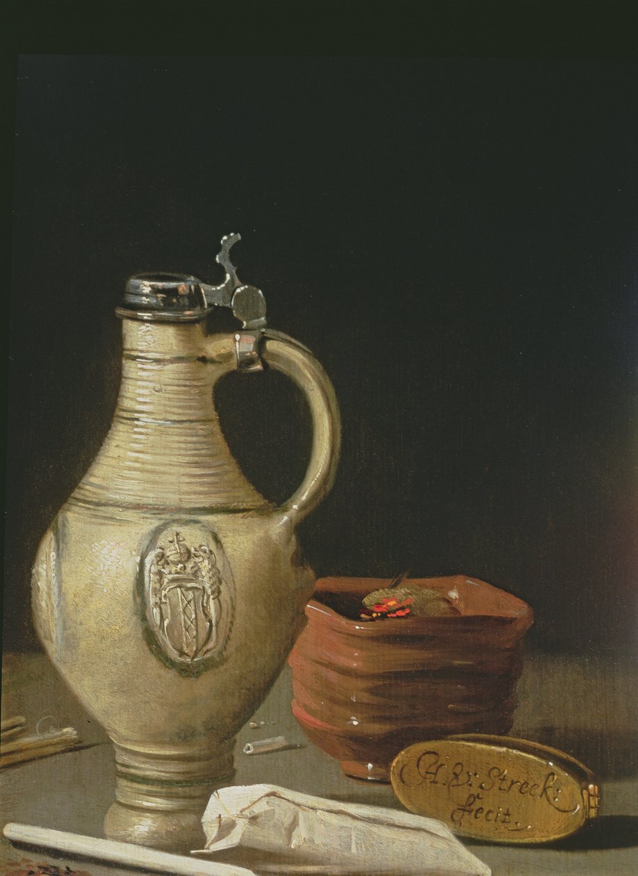 Ainda vida com um jarro de barro de Amesterdão, tigela de carvão e bolsa de tabaco de Hendrick van Streeck